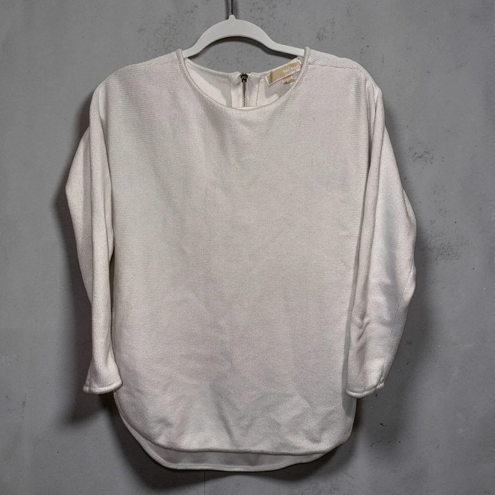 Micheal Kors Women White Crew neck sweater with zip up back top size Small
